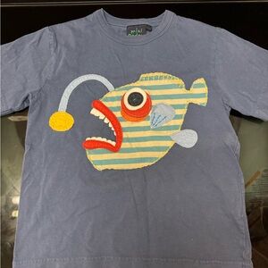 Mini Boden Blue Tee with Striped Fish Graphic